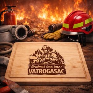 Drvena daska za rezanje s gravurom vatrogasca i natpisom Hrabrost ima ime Vatrogasac