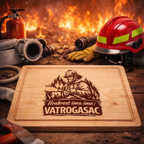 Drvena daska za rezanje s gravurom vatrogasca i natpisom Hrabrost ima ime Vatrogasac