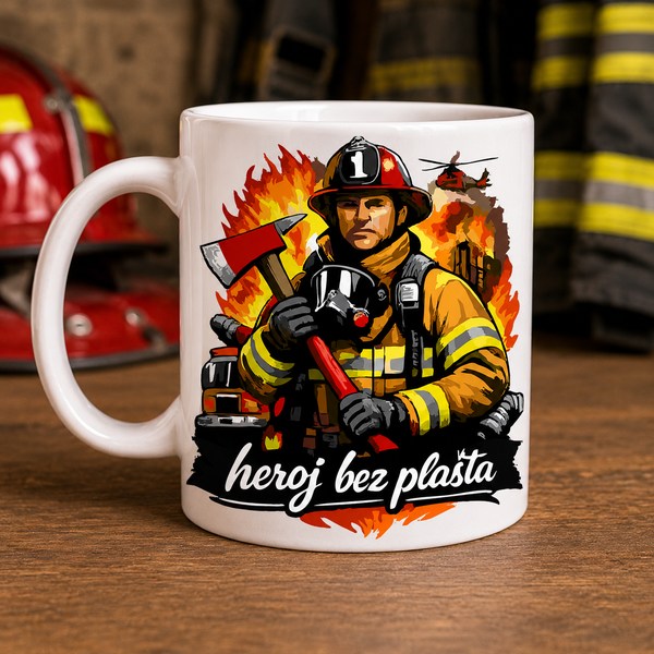 Personalizirana šalica Heroj bez plašta s motivom vatrogasca, sjekire i plamena