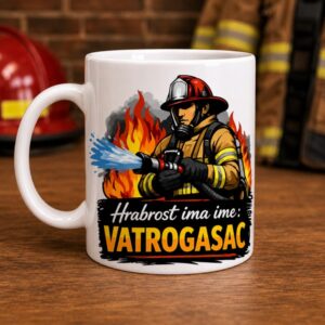 Personalizirana šalica za vatrogasca s motivom vatrogasca koji gasi požar i natpisom Hrabrost ima ime Vatrogasac