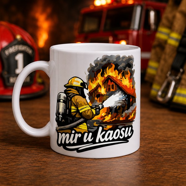 Personalizirana šalica s motivom vatrogasca koji gasi požar i natpisom Mir u kaosu