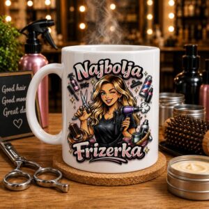 Personalizirana šalica Najbolja frizerka s ilustracijom frizerke i frizerskog pribora