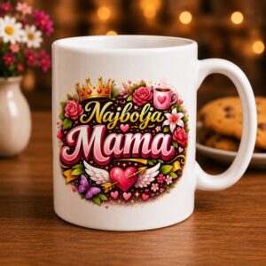 Personalizirana šalica Najbolja mama s romantičnim motivom srca, cvijeća i krune