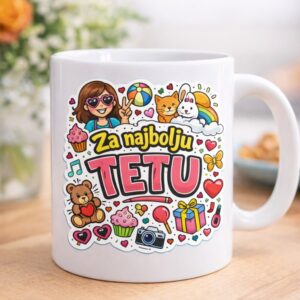 Personalizirana keramička šalica Za najbolju tetu s veselim ilustracijama i natpisom.