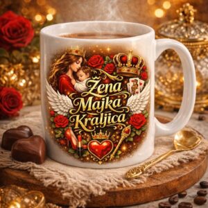 Personalizirana keramička šalica Žena Majka Kraljica s elegantnim motivom krune, ruža i majke s djetetom.
